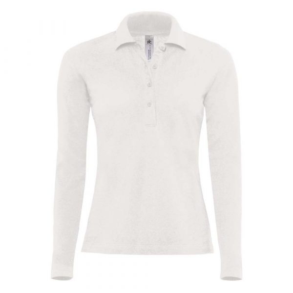 Polo piqué femme B&C Safran Manches longues blanc