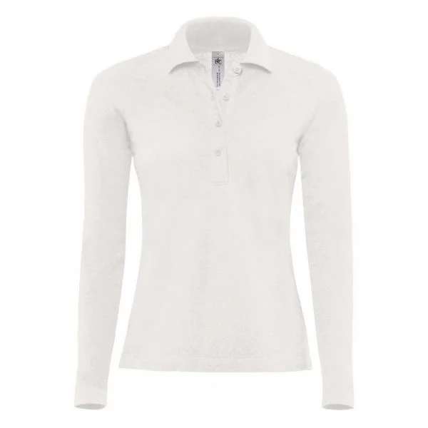 Polo piqué femme B&C Safran Manches longues blanc