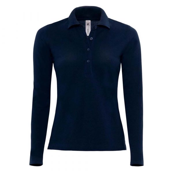 Polo piqué femme B&C Safran Manches longues marine