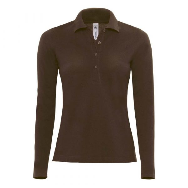 Polo piqué femme B&C Safran Manches longues marron