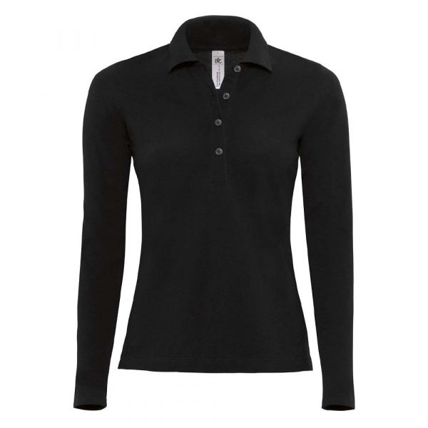 Polo piqué femme B&C Safran Manches longues noir