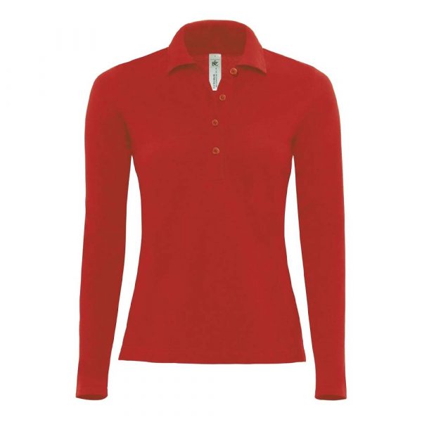 Polo piqué femme B&C Safran Manches longues rouge