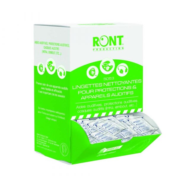 Présentoir lingettes nettoyantes pour protections et appareils auditifs RONT 250 Lingettes (carton de 6)